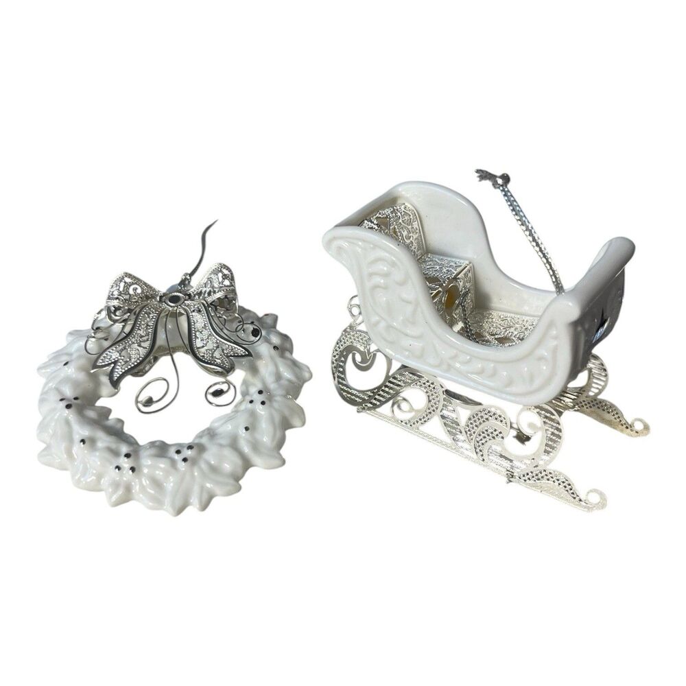 Porcelain White Silver Tone Filigree Christmas Ornaments Sleigh Wreath 3"